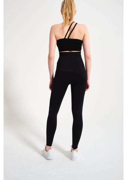 Kadın Yüksek Bel Dikişsiz Tayt - Slim Fit Spor Alt Giyim & Siyah 1450
