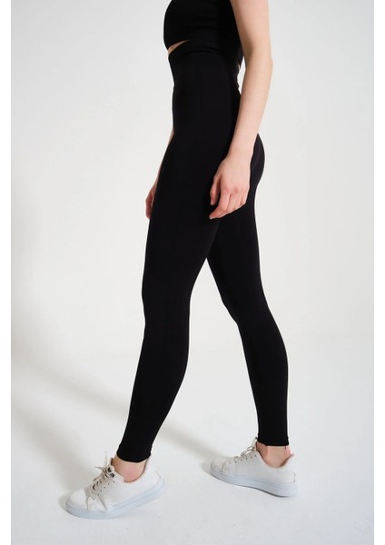 Kadın Yüksek Bel Dikişsiz Tayt - Slim Fit Spor Alt Giyim & Siyah 1450