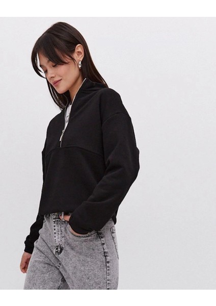 Kadın 3 Iplik Pamuklu Oversize Yarım Fermuarlı Yakalı Basic Sweatshirt - Siyah fiyatları