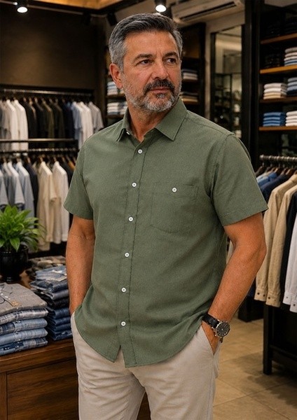 Beyome Erkek Keten Görünümlü Kısa Kollu Gömlek Rahat Kalıp Yazlık Nefes Alan Kumaş S-5xl görsel 4