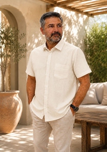 Beyome Erkek Keten Görünümlü Kısa Kollu Gömlek Rahat Kalıp Yazlık Nefes Alan Kumaş S-5xl