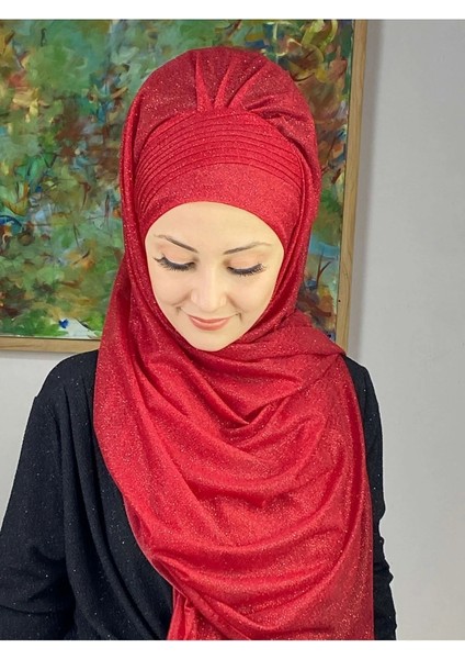 Saray Model Kırmızı Simli Yan Drapeli Şal fiyatları