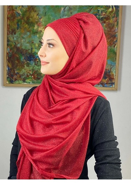 Saray Model Kırmızı Simli Yan Drapeli Şal modelleri