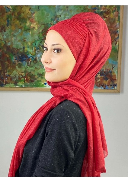 Saray Model Kırmızı Simli Yan Drapeli Şal fırsatları