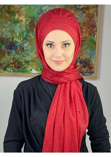 Saray Model Kırmızı Simli Yan Drapeli Şal indirimleri
