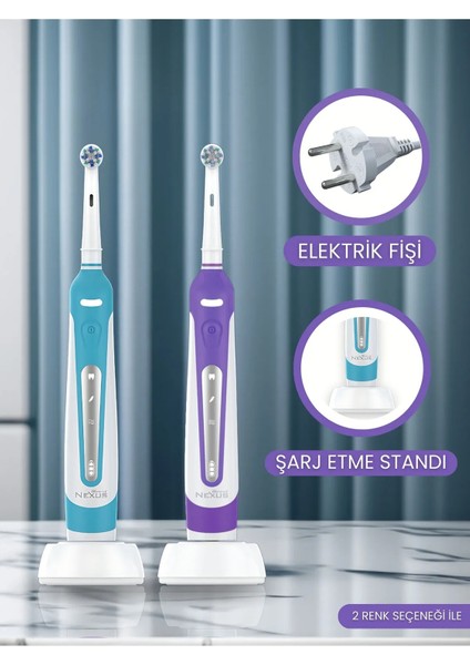 Elektirikli Diş Fırçası Orta Sertlikte Kıllar ile 2 Yedek Başlık ve Sert Plastik Seyahat Kabı