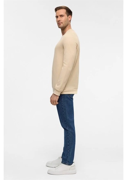 Bej Regular Bisiklet Yaka Sweatshirt