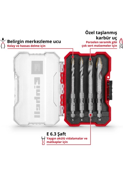 Orijinal Einhell XS-CASE 4 Parça Karbür Fayans Matkap Ucu Seti (Takım Çeliğinden Üretilmiştir, Özel Taşlanmış Karbür Plaka, Merkezleme Ucu, E 6.3 Sap, Saklama Kutusu Dahil) - 49051404 fiyatları
