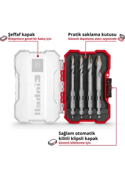 Orijinal Einhell XS-CASE 4 Parça Karbür Fayans Matkap Ucu Seti (Takım Çeliğinden Üretilmiştir, Özel Taşlanmış Karbür Plaka, Merkezleme Ucu, E 6.3 Sap, Saklama Kutusu Dahil) - 49051404 modelleri