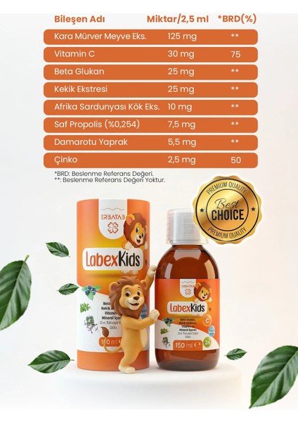 Labex Kids Çinko Kekik Beta Glukan Karamürver Çocuk Multivitamin Şurup 150 ML fiyatları