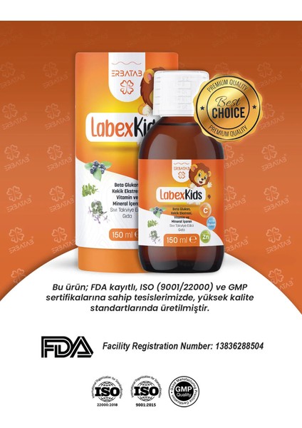 Labex Kids Çinko Kekik Beta Glukan Karamürver Çocuk Multivitamin Şurup 150 ML