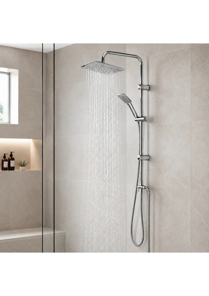 İlhan Mat Siyah Kare Tepe Duş Seti Yağmur Başlıklı El Duşlu Banyo Duş Sistemi, görsel 1 / 2