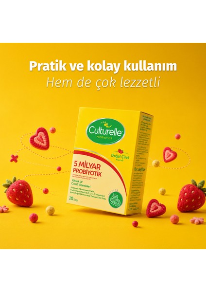 Probiyotik 30 Saşe, 5 Milyar Probiyotik, C ve D Vitamini, Yüksek Lif, Doğal Çilek Aromalı, Çocuk ve Yetişkin, Kolay kullanım