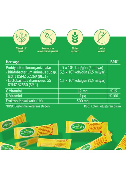 Probiyotik 30 Saşe, 5 Milyar Probiyotik, C ve D Vitamini, Yüksek Lif, Doğal Çilek Aromalı, Çocuk ve Yetişkin, Kolay kullanım