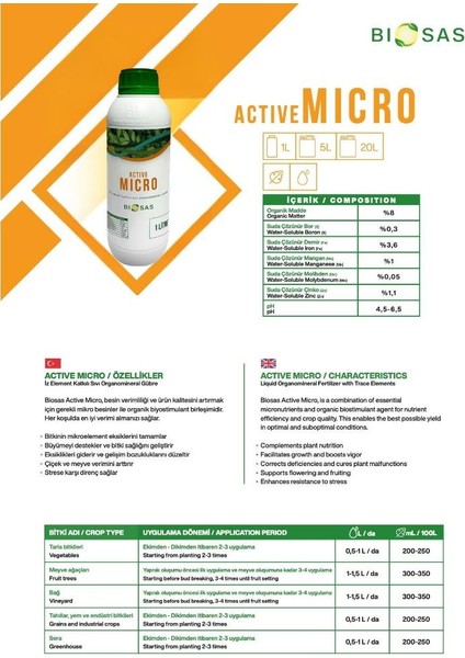 Active Micro 1 Lt Iz Element Katkılı Sıvı Organik Gübre fiyatları