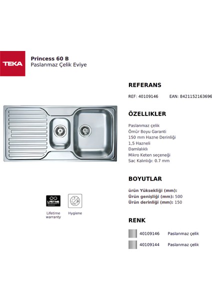 Princess 60 B Paslanmaz Çelik Mutfak Evyesi Sol Damlalıklı 1000 x 500 mm - Gümüş fiyatları