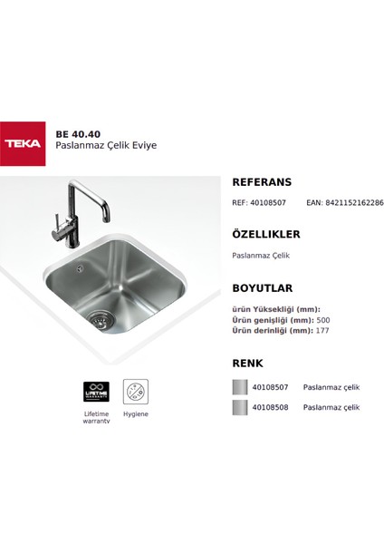 Be 40.40 Mikro Keten Tezgah Altı Evye 433 mm Uzunluk ve Genişlikte Paslanmaz Çelik modelleri