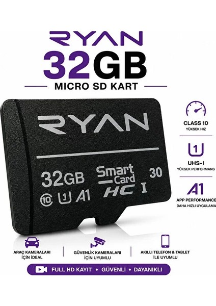 Ryan 32GB Micro Sd Hafıza Kartı U1 V30 A1 Sdhc 4K Video Destekli Yüksek Hızlı Telefon Kamera Drone Hafıza Kartı