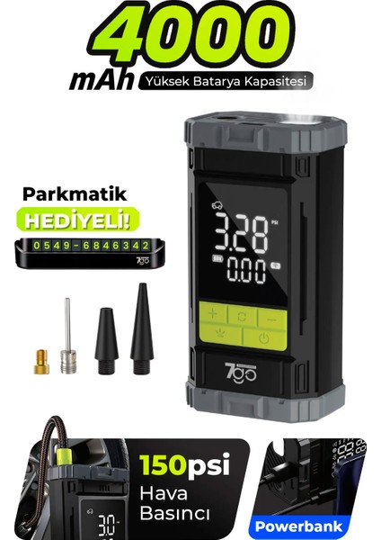 7Go 7A6 Turbo Boost Şarjlı Hava Pompası – 150 Psı Taşınabilir Lastik Şişirme Kompresörü 4000MAH Powerbank & Blower