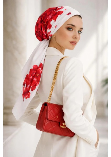 Beyaz Kırmızı Gül Desen Eşarp Bone fiyatları