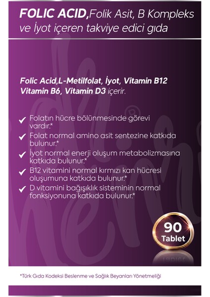 Folık Asıt – L-Metılfolat, B6, B12, Iyot ve D3 90 Tablet fiyatları