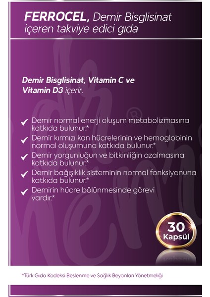 Ferrocel – Demır Bısglısınat, Vıtamın D3 ve Vıtamın C 30 Kapsül fiyatları