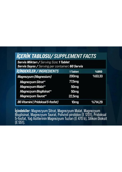 Magnesium Complex 4 - Citrate , Bisglycinate , Taurat , Malate B6 Vitamin 60 Tablet fiyatları