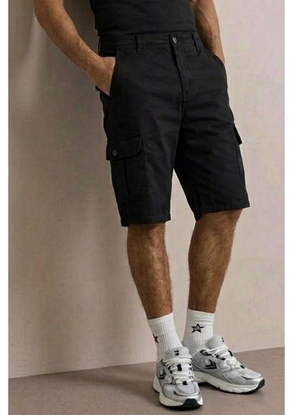 Erkek Preimium Kargo Cepli Siyah Uzun Kapri Şort