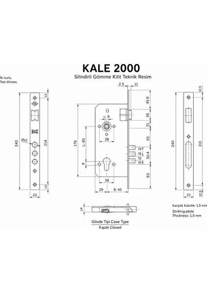 Kale 2000 Silindirli Gömme Kilit 45MM, görsel 2 / 2