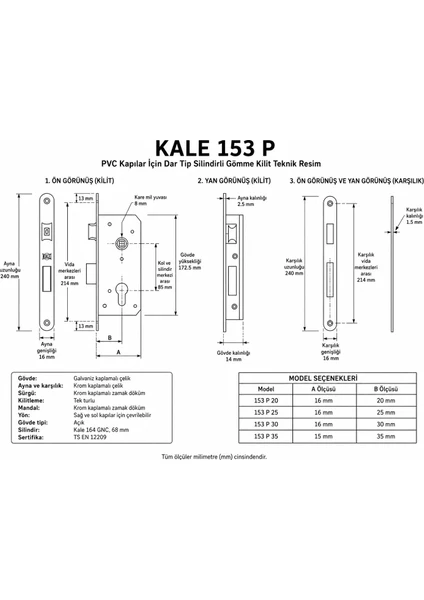 Kale 153 P Pvc Kapılar Için Dar Tip Silindirli Gömme Kilit 35MM, görsel 2 / 2