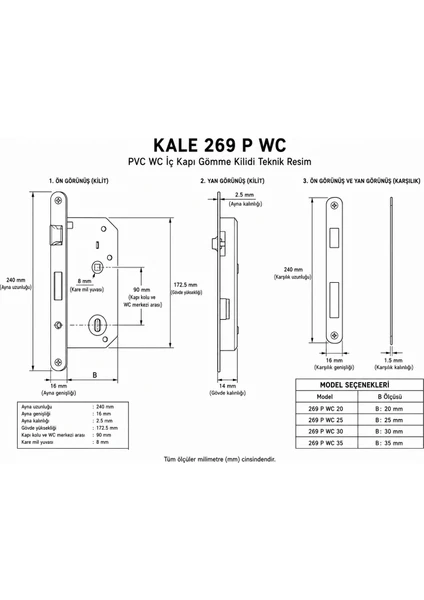 Kale 269 P Wc - Pvc Wc Kapıları Için Dar Tip Iç Kapı Gömme Kilidi 35MM, görsel 2 / 2