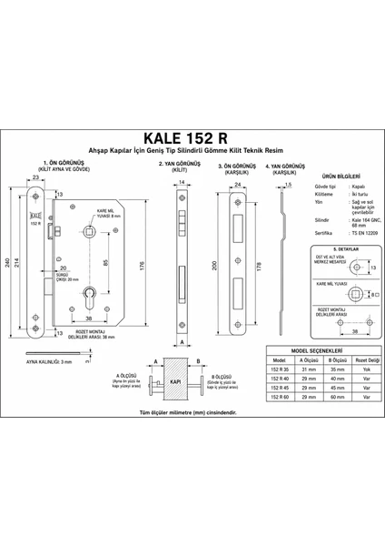 Kale 152R Ahşapkapılariçin Geniş Tip Silindirli Gömme Kilit 40MM, görsel 2 / 2