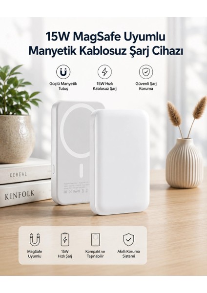 Azurtech 15W Magsafe Uyumlu Manyetik Kablosuz Powerbank 5000 Mah