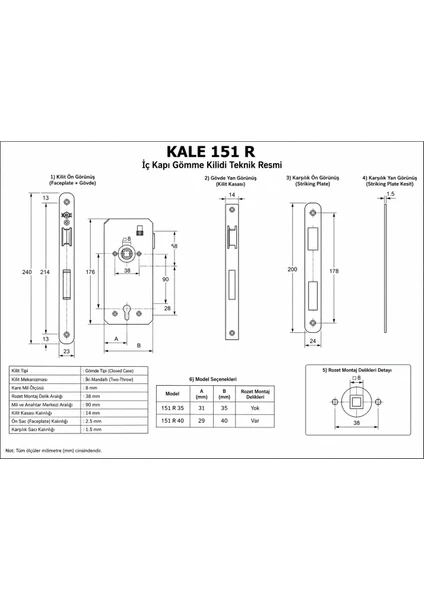 Kale 151 R Ahşap Kapılar Için Iç Kapı Gömme KILIDI40MM, görsel 2 / 2