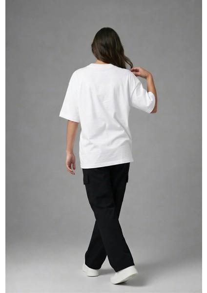 A02133 Baskılı Oversize Beyaz Kadın T-Shirt