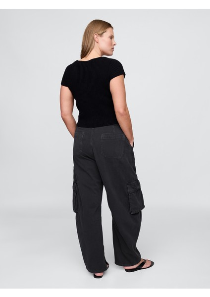 Kadın Siyah Mid Rise Barrel Kargo Pantolon modelleri