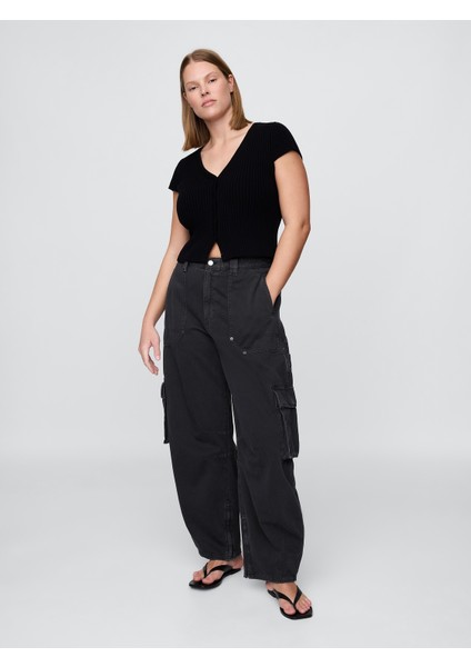 Kadın Siyah Mid Rise Barrel Kargo Pantolon fırsatları