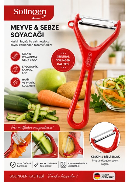 Solingen Meyve Sebze Soyacağı Paslanmaz Çelik Profesyonel Soyacak kırmızı