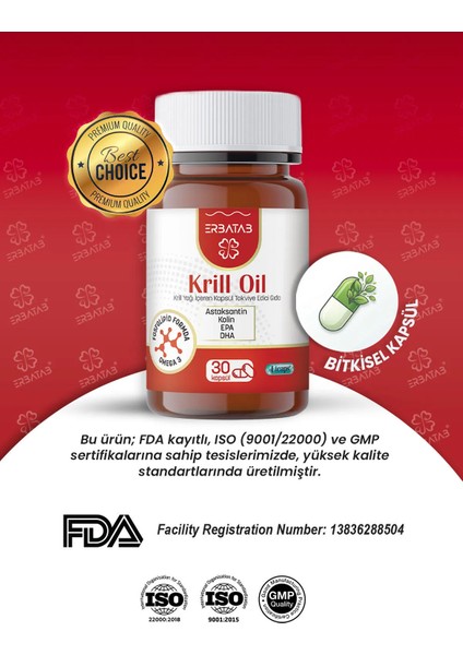 Krill Oil 500 Mg 30 Kapsül Doğal Astaksantin ve Kolin İçeren Takviye Edici Gıda