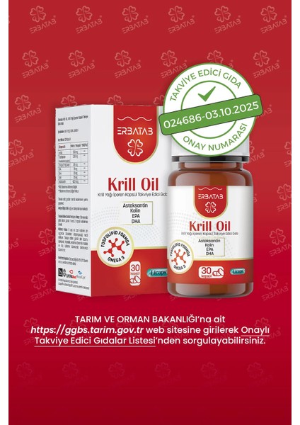 Krill Oil 500 Mg 30 Kapsül Doğal Astaksantin ve Kolin İçeren Takviye Edici Gıda