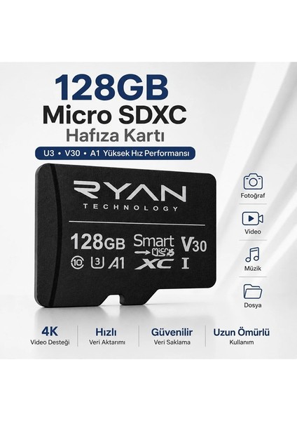 Ryan 128GB Micro Sd Hafıza Kartı U3 V30 A1 Sdxc 4K Video Destekli Yüksek Hızlı Telefon Kamera Drone Hafıza Kartı