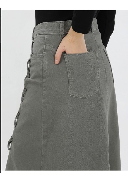 Bağcık Detaylı Denim Etek- Haki indirimleri