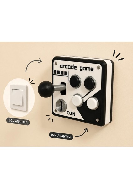 Ünal Grup Arcade Atari Oyun Kumandası Görünümlü Siyah Beyaz Duvar Prizi-Anahtarı Çerçevesi - Mini Joystick Dekoratif Anahtar Çerçevesi Süsü - Çocuk Odası, Gamer Odası Anahtar Süsü Priz Anahtar Çerçeve