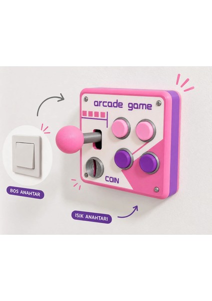 Ünal Grup Arcade Atari Oyun Kumandası Görünümlü Pembe Mor Duvar Prizi-Anahtarı Çerçevesi - Mini Joystick Dekoratif Anahtar Çerçevesi Süsü - Çocuk Odası, Gamer Odası Anahtar Süsü - Priz Anahtar Çerçeve