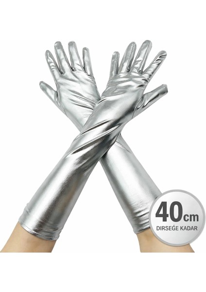 Gümüş Renk Dirsek Altı Lüks Saten Eldiven 40 cm modelleri