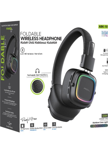 Sarftech Katlanabilir Kablosuz Kulak Üstü Kulaklık - Bluetooth 6.0, Tf Kart ve Aux Girişli, Rgb Işıklı, Gürültü Azaltma Özellikli Mikrofonlu Kulaklık