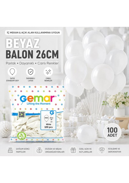 Gm-90-01 Balon 26CM 10'' 100 Adet Beyaz Iç Mekan fiyatları