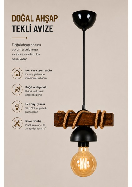 Ahşap Tekli Halatlı Sarkıt Avize modelleri