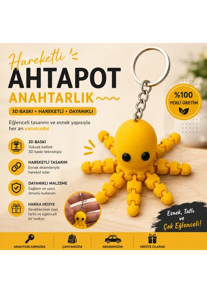 Hareketli Ahtapot Figürlü Anahtarlık – Esnek Eklemli Tasarım – Fidget Stress Oyuncak – Sarı