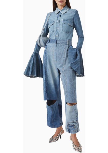 Mode Recycled Denim Bell-Sleeve Lüks Kadın Gömlek fiyatları